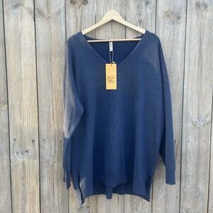 Grecerelle Viscose Blend Sweater Women's Blue V Neck Side Slit XXL NWT